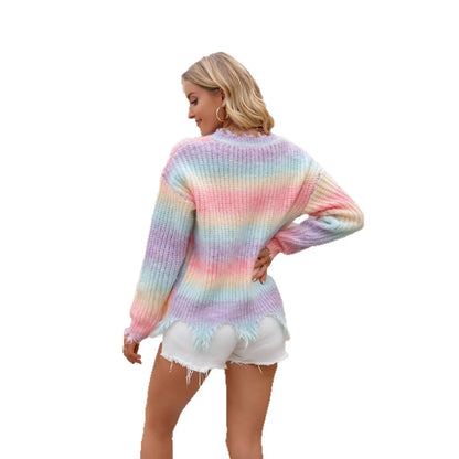 Pink knitted pullover sweater with rainbow gradient pattern and loose street fashion cut