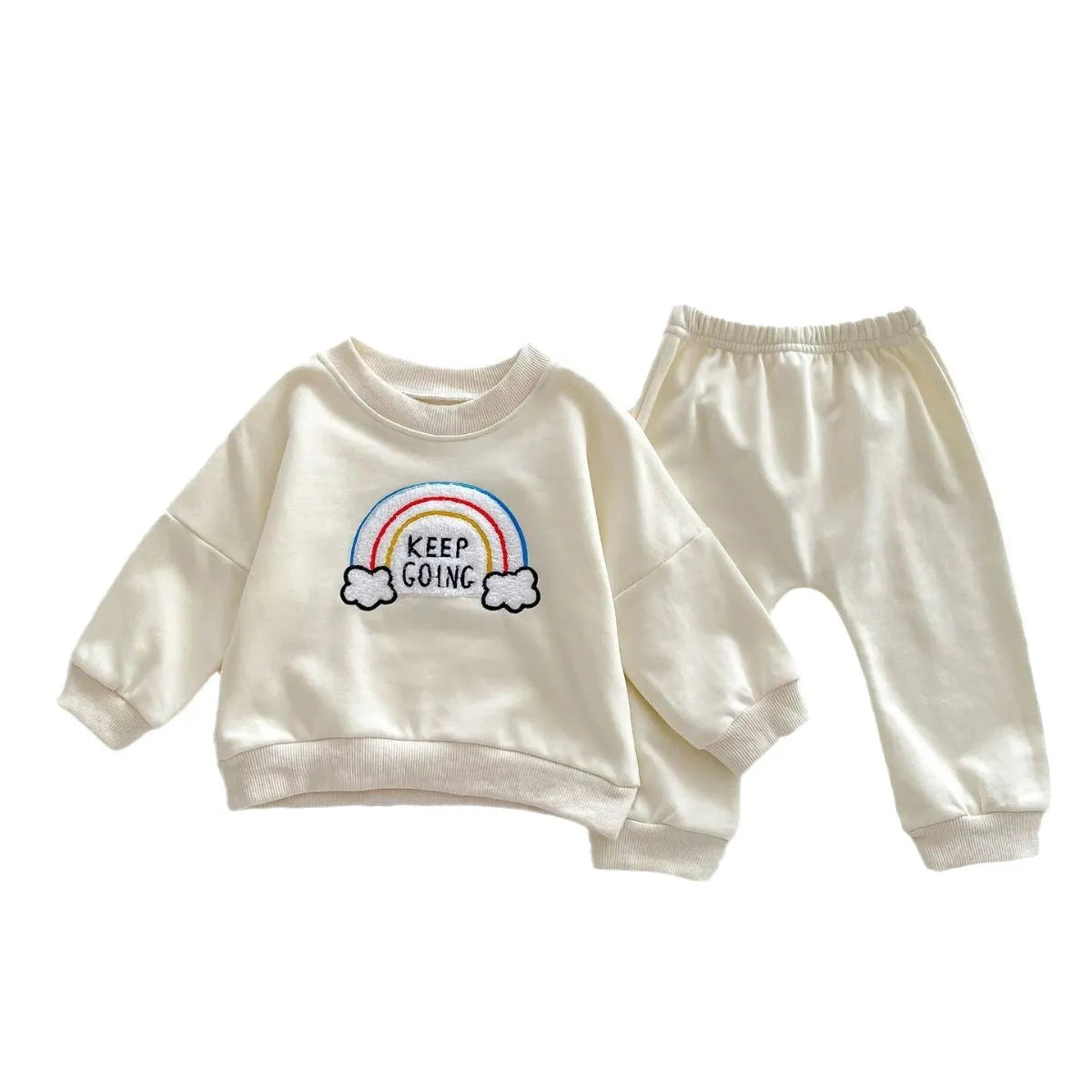 Children's cotton two-piece sweater set with pullover top and trousers in beige, emerald, or pink, sizes 66cm to 100cm.