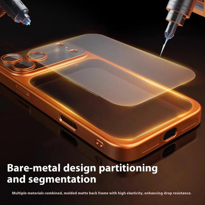 Frosted electroplating PC phone case for iPhone 17 in orange, showing all-inclusive drop-resistant design.