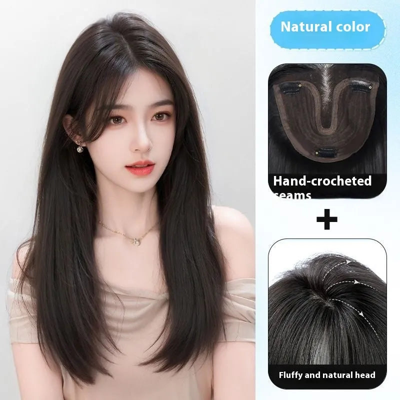 Brown black women's full-head wig with Chinese character bangs, made from high temperature artificial fibre.