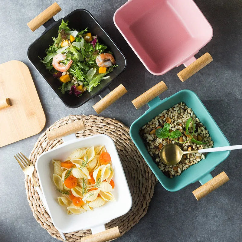 Irregular shaped porcelain ceramic bowl with lid in black, green, pink, or white colour options