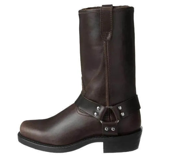 Men's brown cowboy boots with silver buckle ring detail on high-top leather design