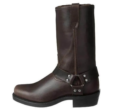 Men's brown cowboy boots with silver buckle ring detail on high-top leather design