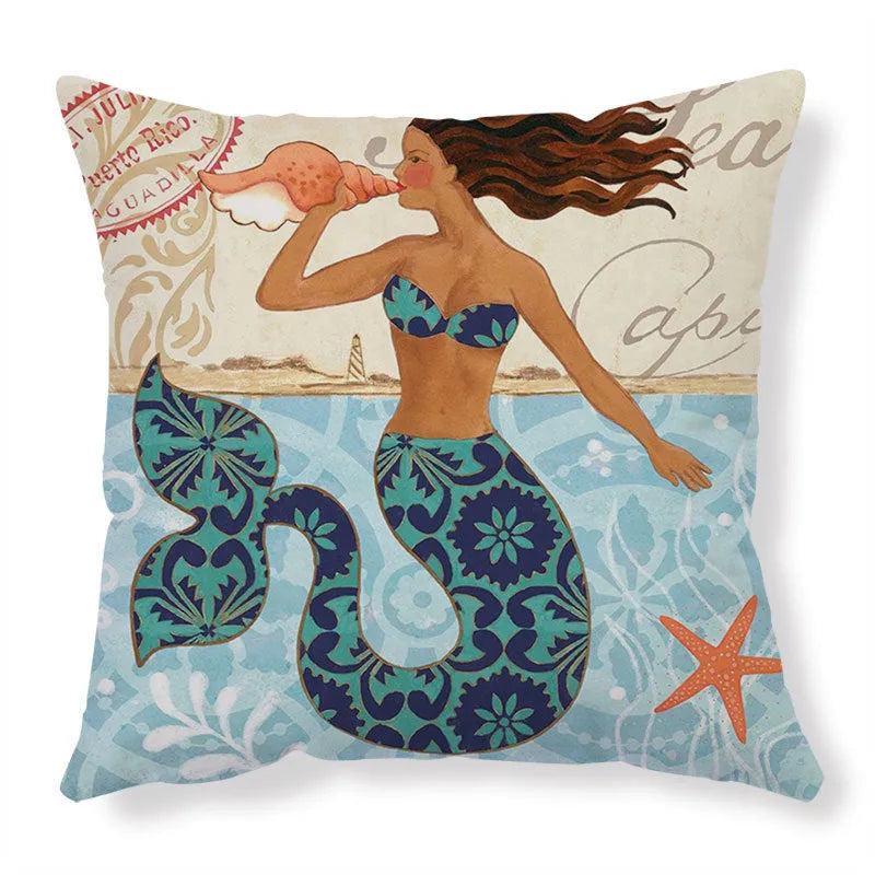 Linen cushion cover with detailed sea turtle pattern, showing invisible zipper closure.