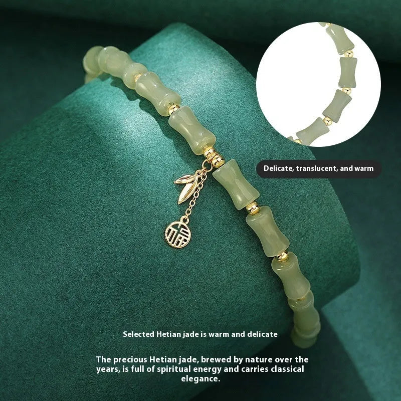 Green Chinese bamboo design hetian jade bracelet and necklace jewellery set