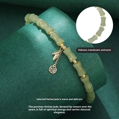 Green Chinese bamboo design hetian jade bracelet and necklace jewellery set