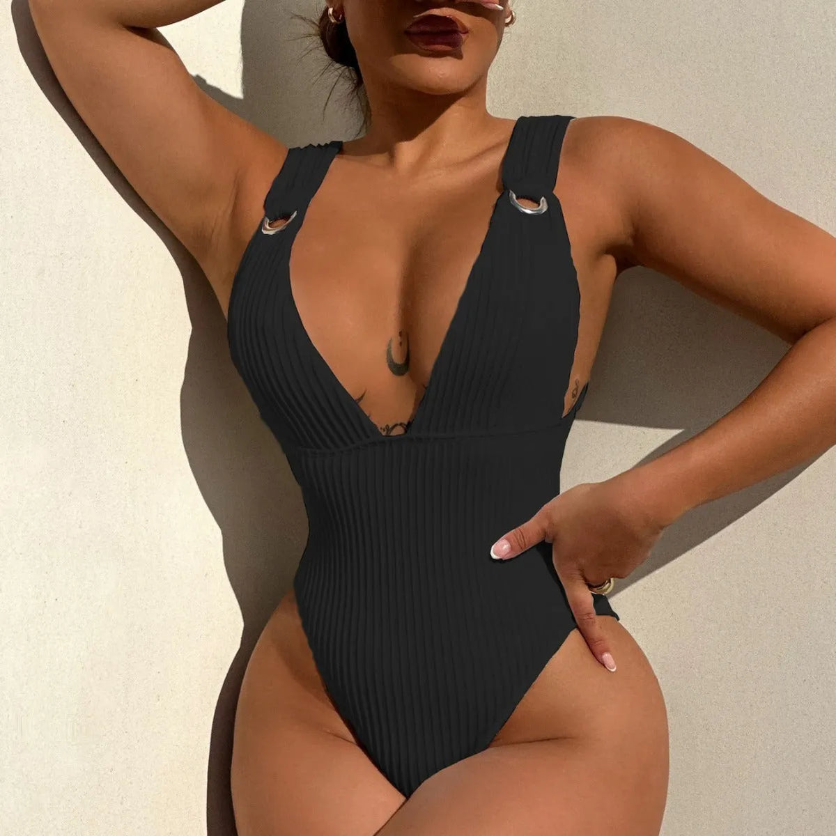 Women's solid colour one-piece swimsuit in black, white, green, or orange