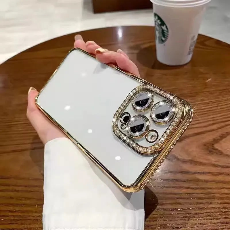 Rhinestone glitter TPU phone case with lens protector, compatible with iPhone 11 to 15 Pro Max, available in black, dark purple, gold, pink, silver and blue.