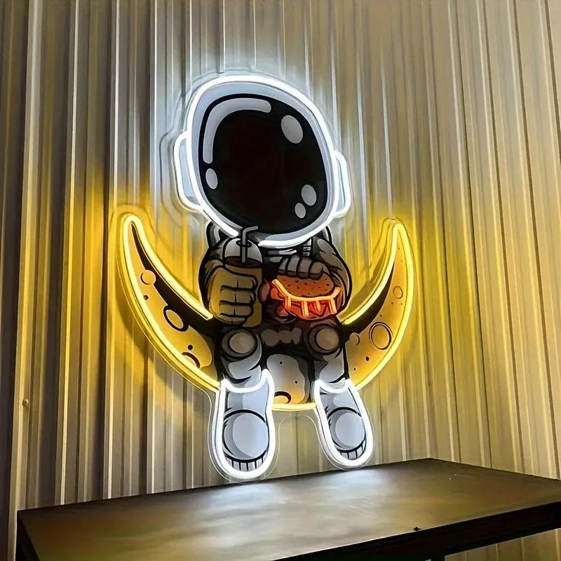 Astronaut silhouette neon light mounted on wall with USB cable, blue or cold white LED illumination