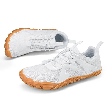 Climbing shoes with Flyknit lining and a rubber sole in A83 colour options on a climbing hold.