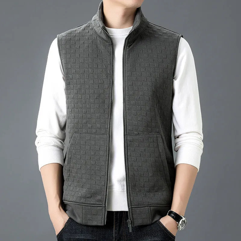 A casual sleeveless vest or waistcoat in a cardigan style, shown in a neutral colour.