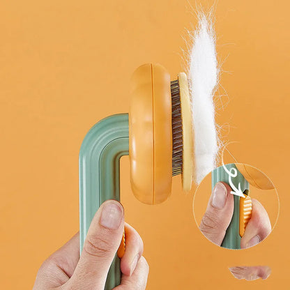 Hand-held pumpkin-coloured pet brush with stainless steel needles for grooming cats and dogs