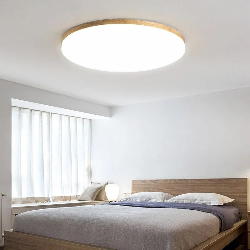 Japanese minimalist ceiling lamp with wood art body and acrylic shade in three diameter sizes