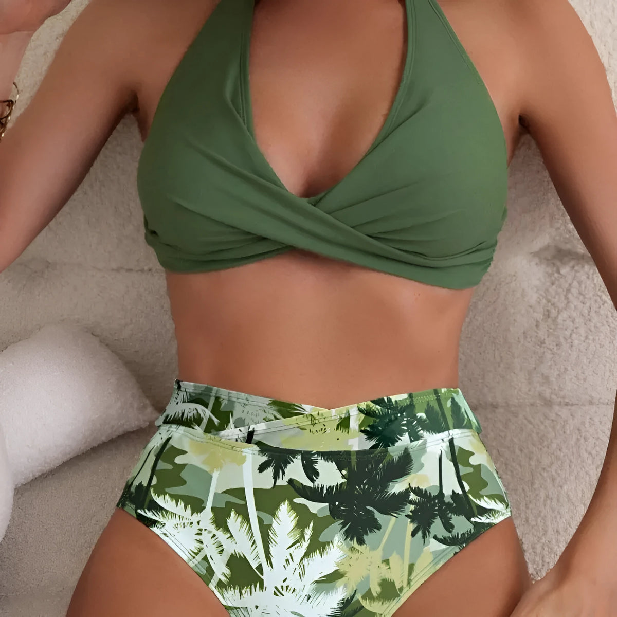 Women's high-waisted swimsuit with floral prints in multiple colour options for swimming sports