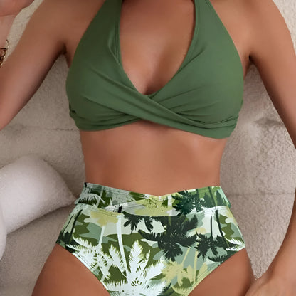 Women's high-waisted swimsuit with floral prints in multiple colour options for swimming sports