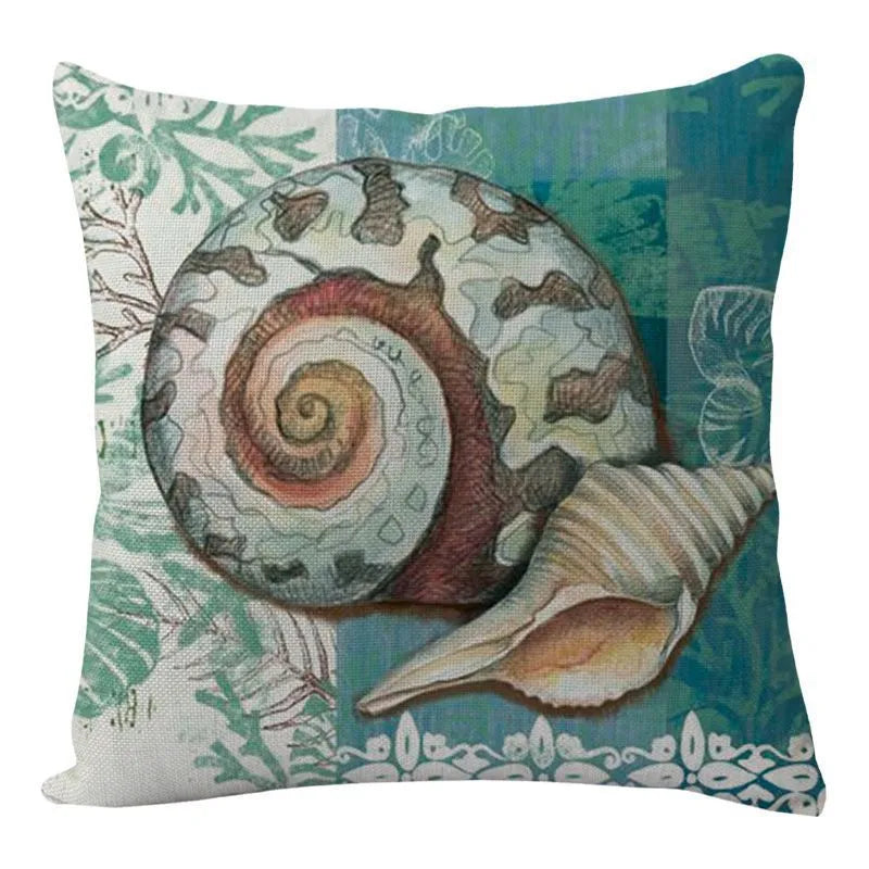 Linen cushion cover with detailed sea turtle pattern, showing invisible zipper closure.