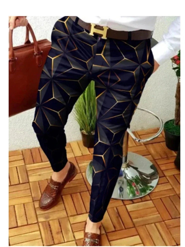 Men's straight-leg plaid trousers in cotton blend fabric showing multiple size options