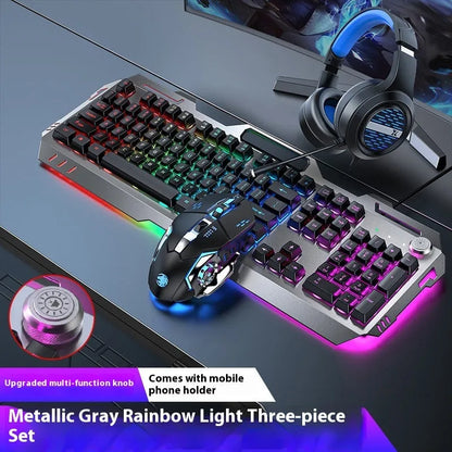 Aluminium alloy mechanical gaming keyboard with rainbow lighting, shown with a macro mouse and gaming headset.