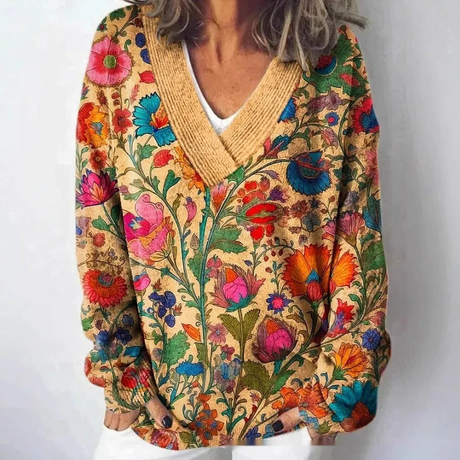 Women's V-neck sweatshirt with a detailed 3D floral pattern print in art retro style.