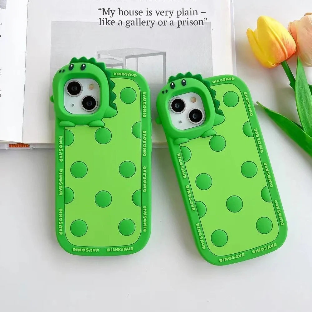 Green polka dot dinosaur pattern silicone phone case for iPhone with raised protective edges