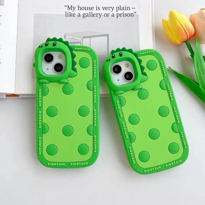 Green polka dot dinosaur pattern silicone phone case for iPhone with raised protective edges