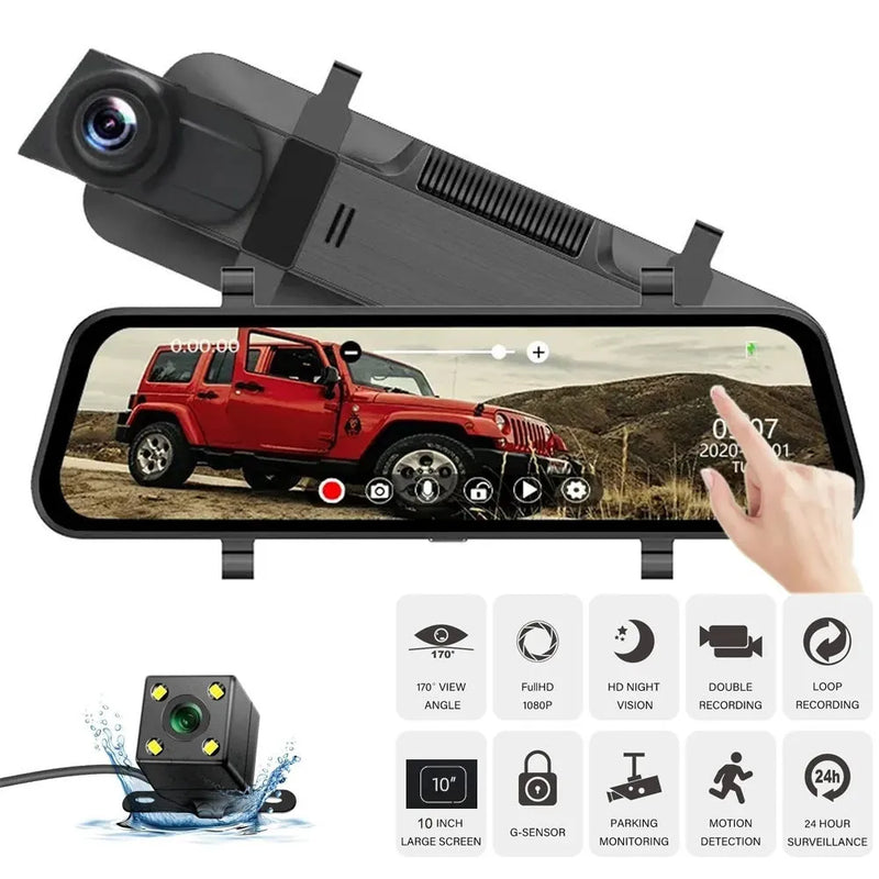 10-inch full screen car front and rear dash camera with double lens recording, 1080p HD video, touch screen operation, reversing image display, motion detection, night vision, parking surveillance, and collision reaction for enhanced vehicle security.