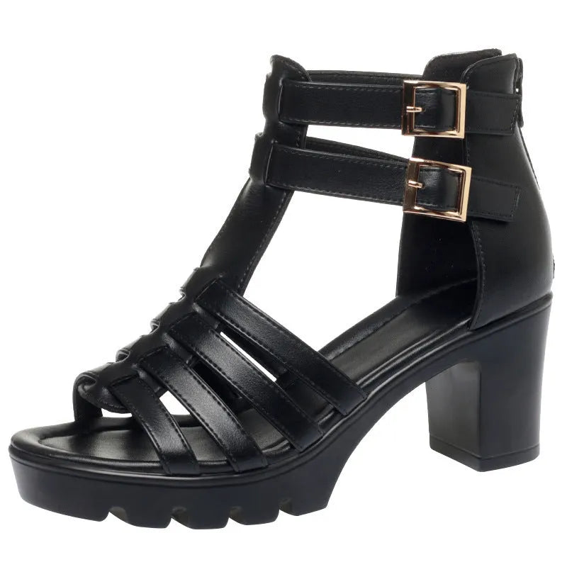 Women's beige high heels with hollow-out design, rhinestones, and an ankle buckle.