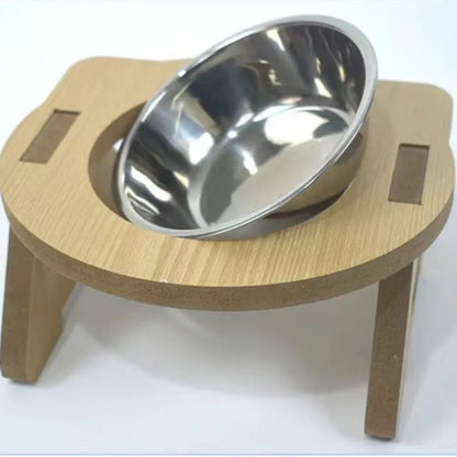 Wooden cat feeder with two stainless steel bowls for food and water, shown in large and small sizes.