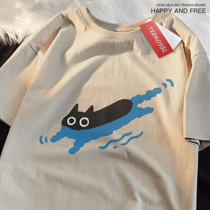 Plus size black cat print cotton t-shirt for diving swimming leisure in multiple colours