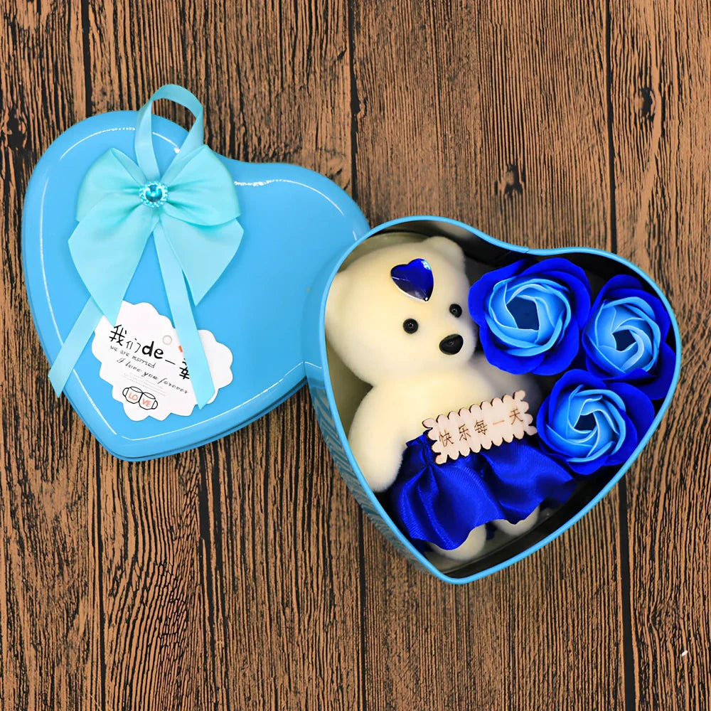 Handmade soap flowers in red heart-shaped tin box measuring 12x12x5cm