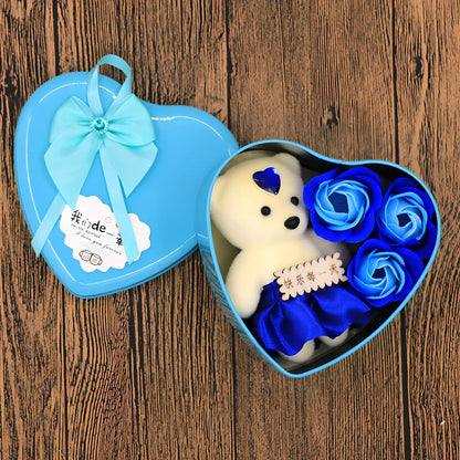 Handmade soap flowers in red heart-shaped tin box measuring 12x12x5cm