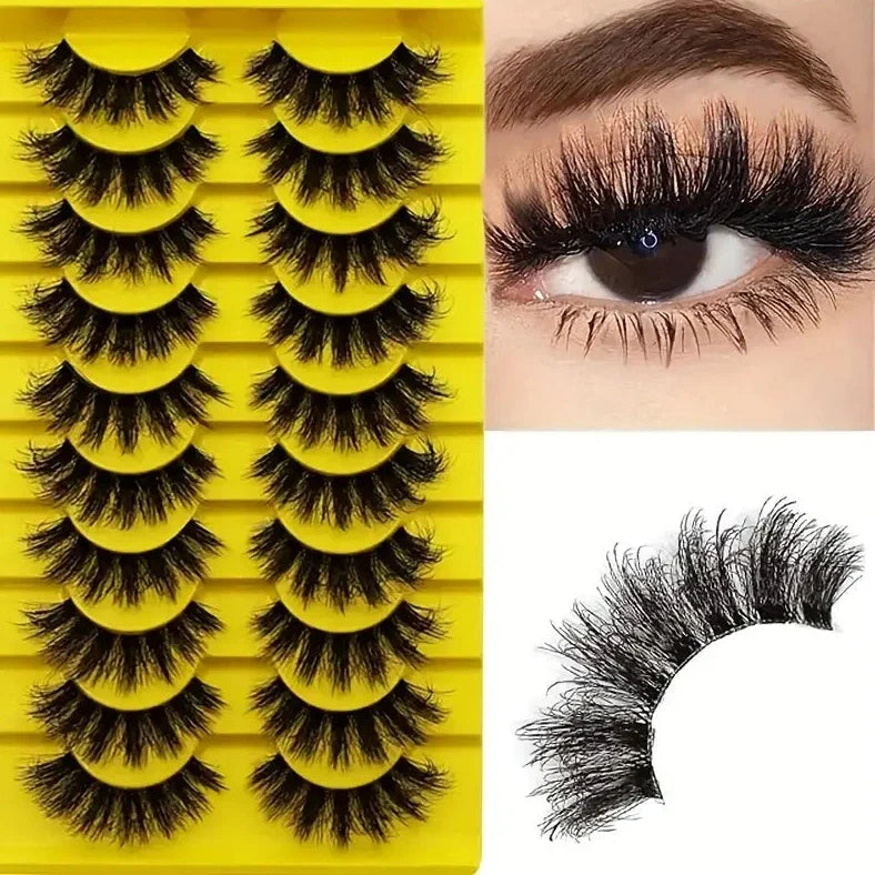 10 pairs of 3D multi-layer false eyelashes showing five different style options with black and transparent stems