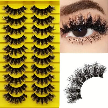 10 pairs of 3D multi-layer false eyelashes showing five different style options with black and transparent stems