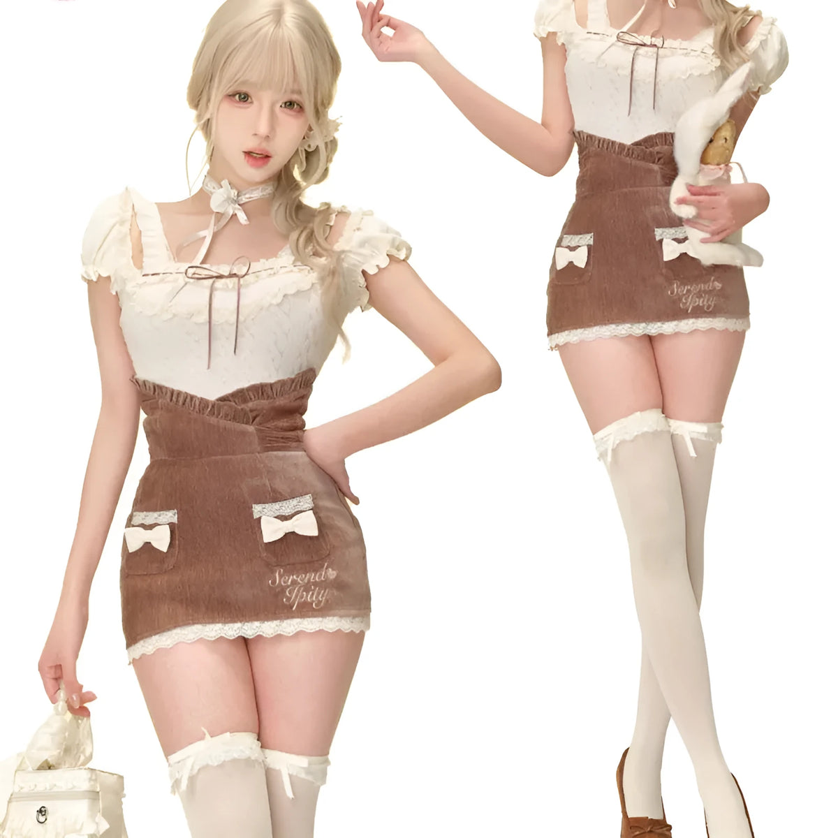 Apricot knitted top, brown hip skirt, and apricot shawl three-piece set in sizes S, M, XS
