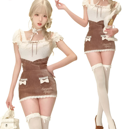 Apricot knitted top, brown hip skirt, and apricot shawl three-piece set in sizes S, M, XS