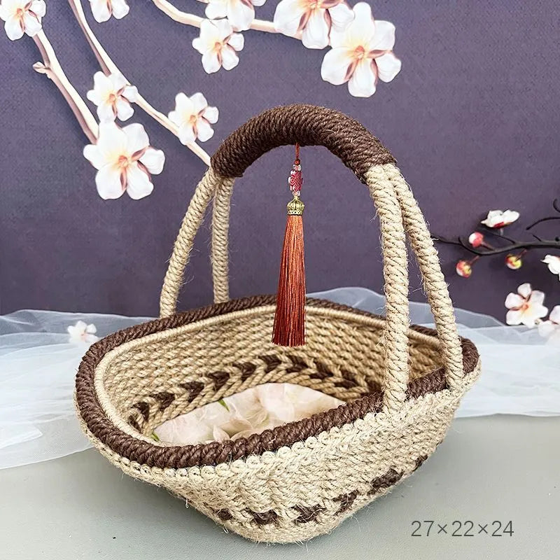 Hand-woven hemp rope basket in coffee brown, 19cm by 12cm, made from natural straw with rustic design