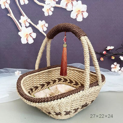 Hand-woven hemp rope basket in coffee brown, 19cm by 12cm, made from natural straw with rustic design