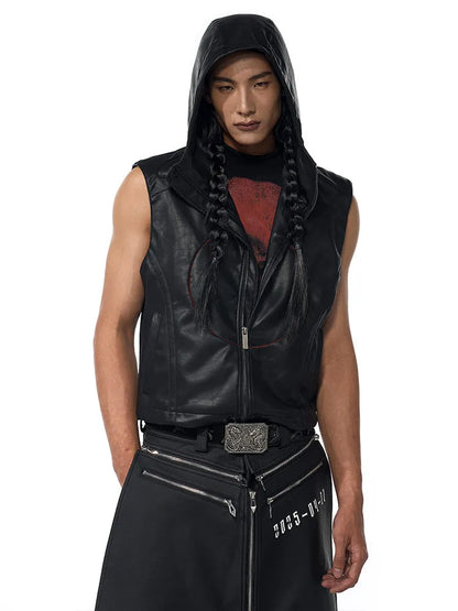 Black men's slim fit hooded leather waistcoat with a five-pointed star on the front.