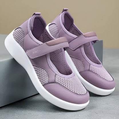 Women's breathable mesh casual shoes in black with Velcro closure and round toe design