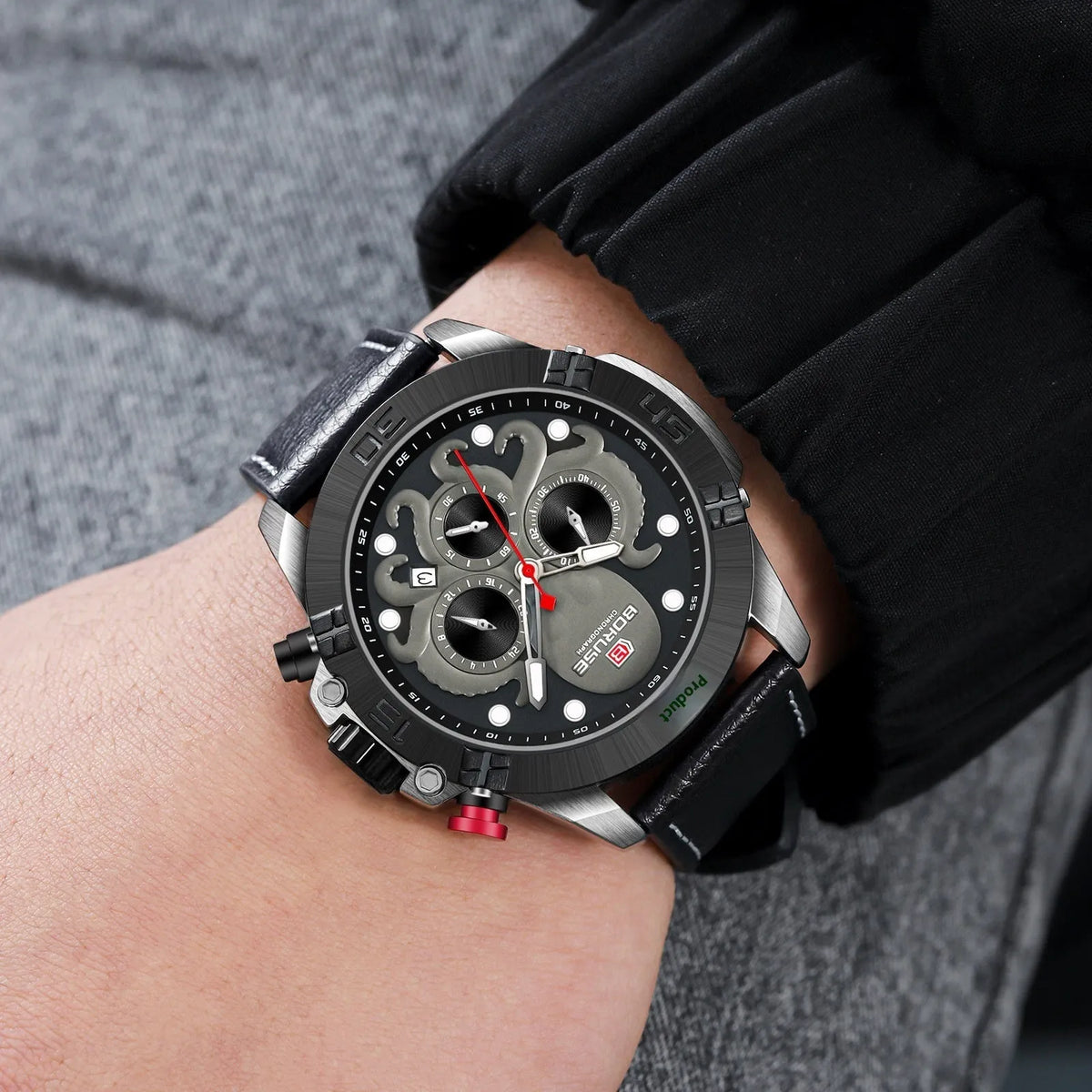 Octopus men's waterproof quartz watch with luminous display in blue or black colour options