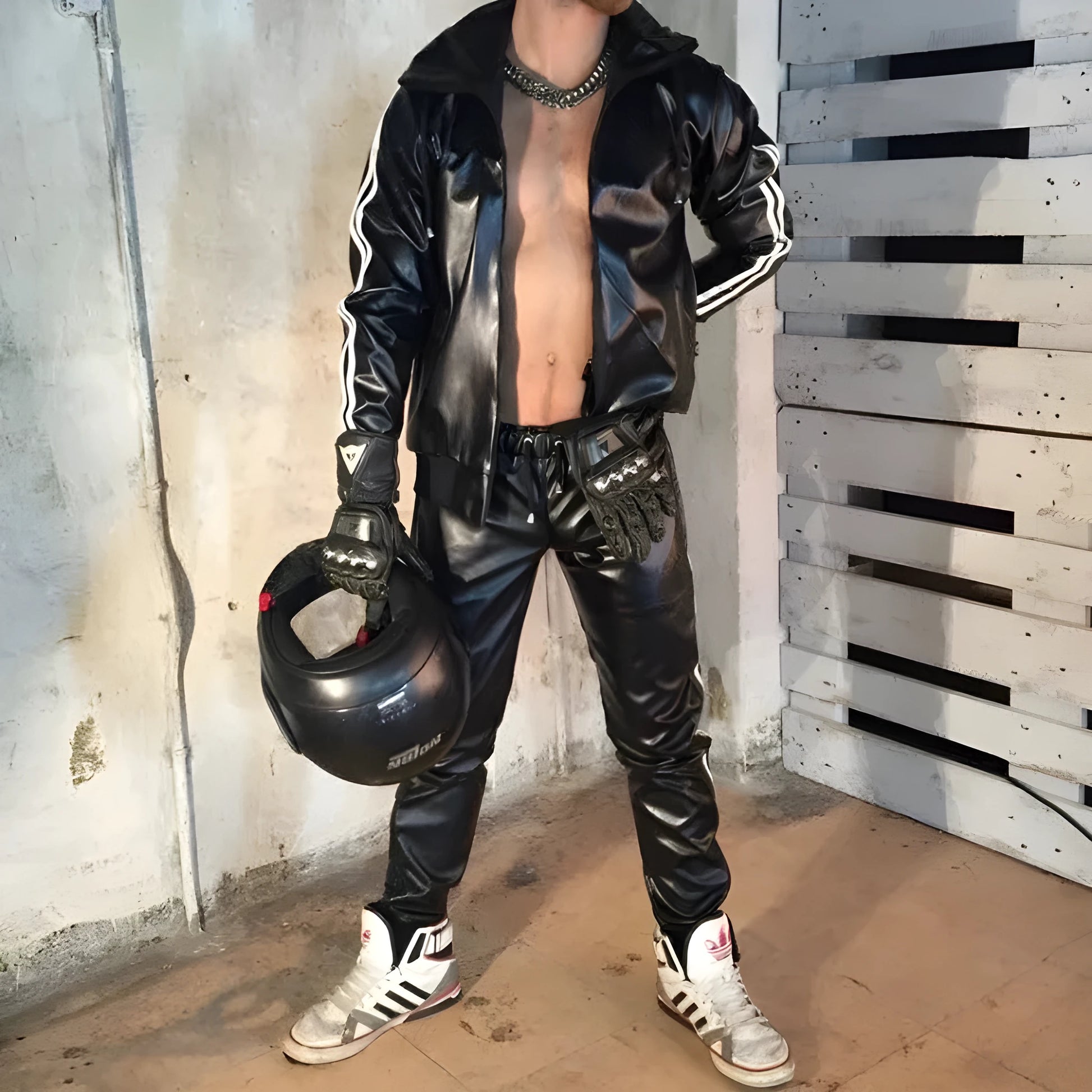 Black hooded sports jacket and matching trousers set for men in PU leather fabric