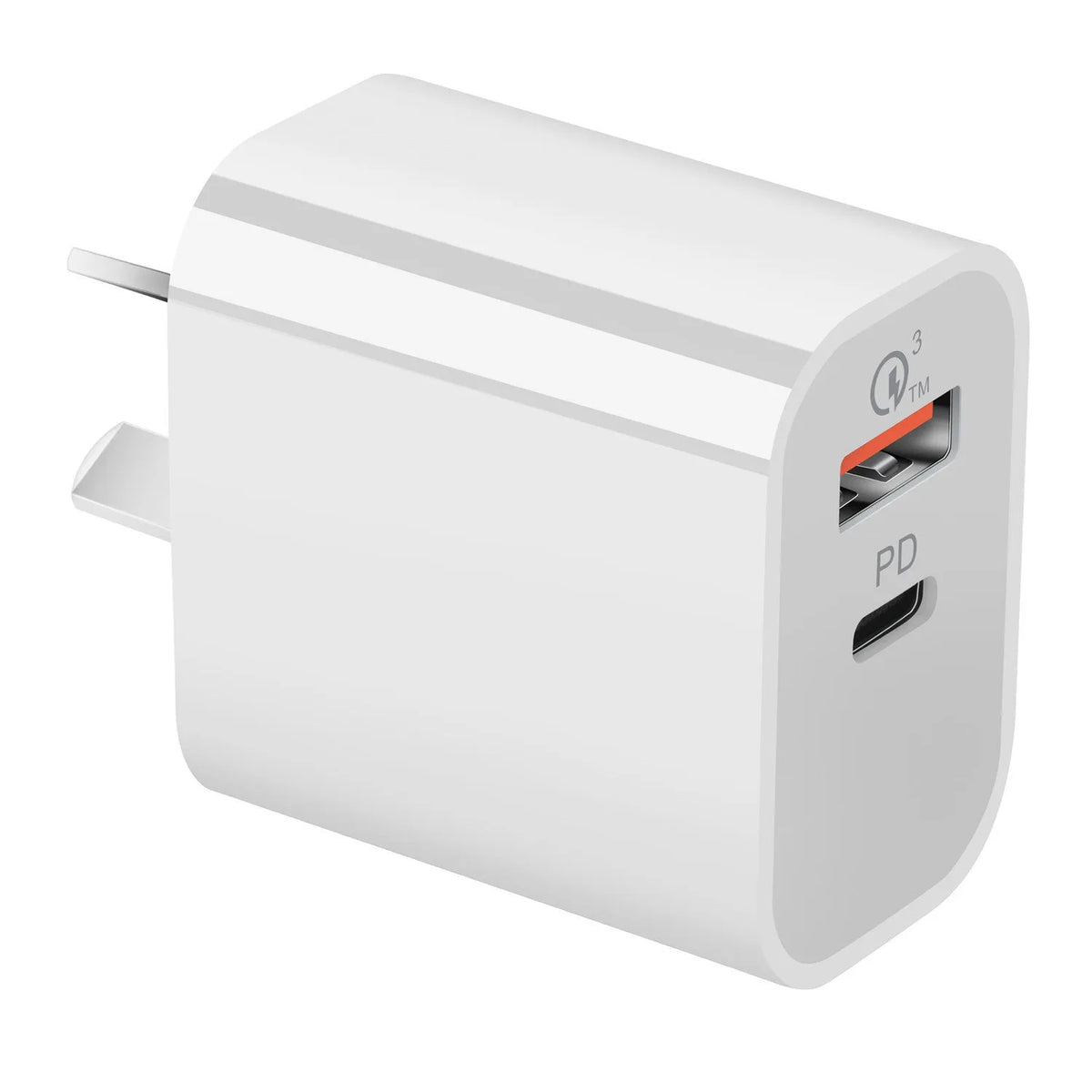 White Australian Standard dual USB charger with AU plug showing USB-A and USB-C ports