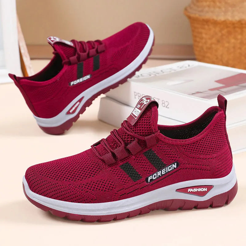 Casual breathable mesh shoes with flat PVC sole in purple, grey, red, and black colour options