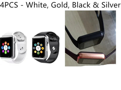 A1 Android Smart Watch with 1.54-inch screen shown in multiple colour options including black, silver, and gold.