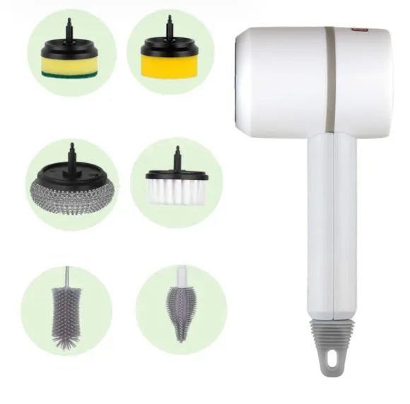Electric cleaning brush with plastic housing, three brush heads, and 1200mA battery, shown in white, green, or pink