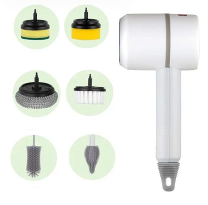 Electric cleaning brush with plastic housing, three brush heads, and 1200mA battery, shown in white, green, or pink