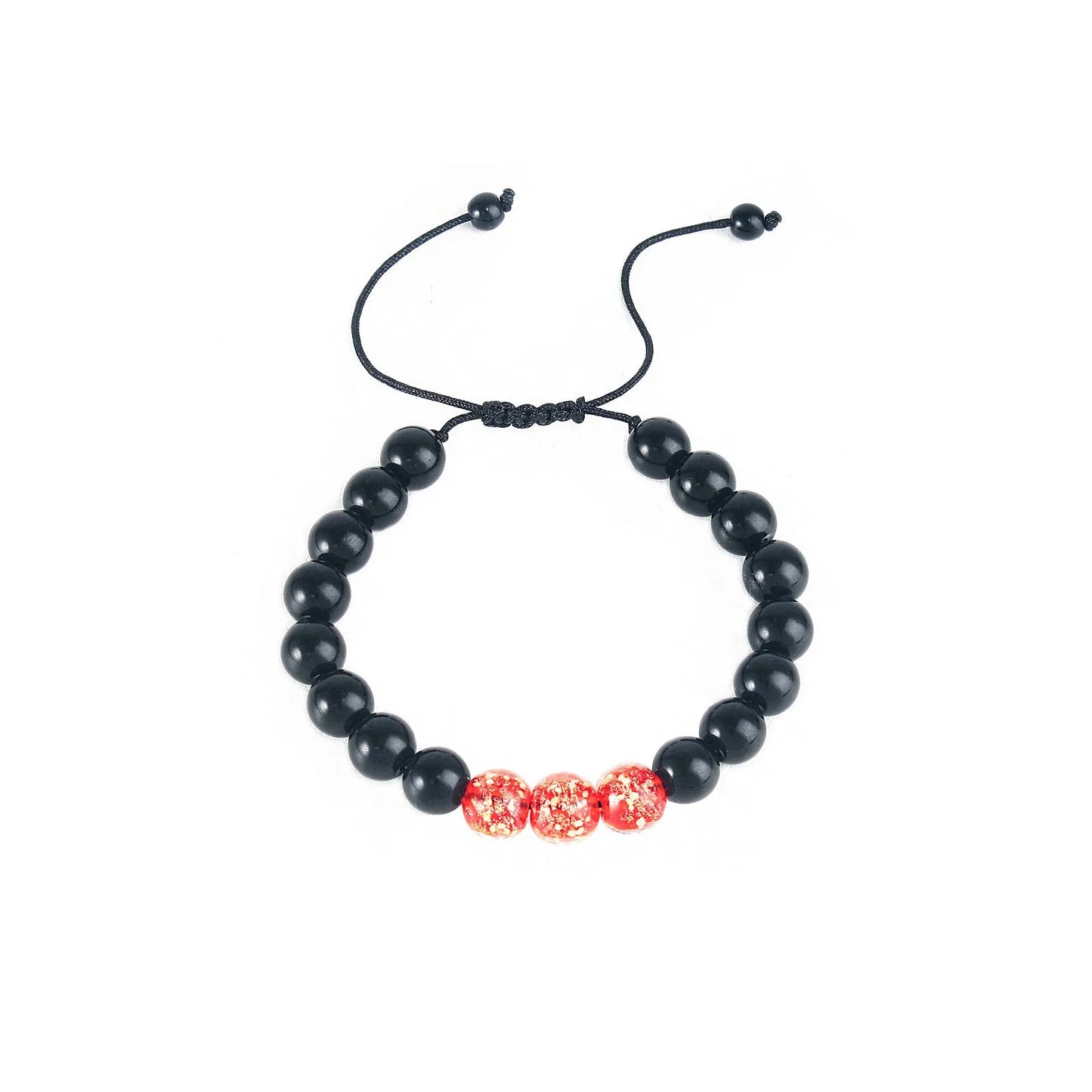 Adjustable luminous beaded bracelet with geometric glass beads on a stretchy elastic band in sapphire blue