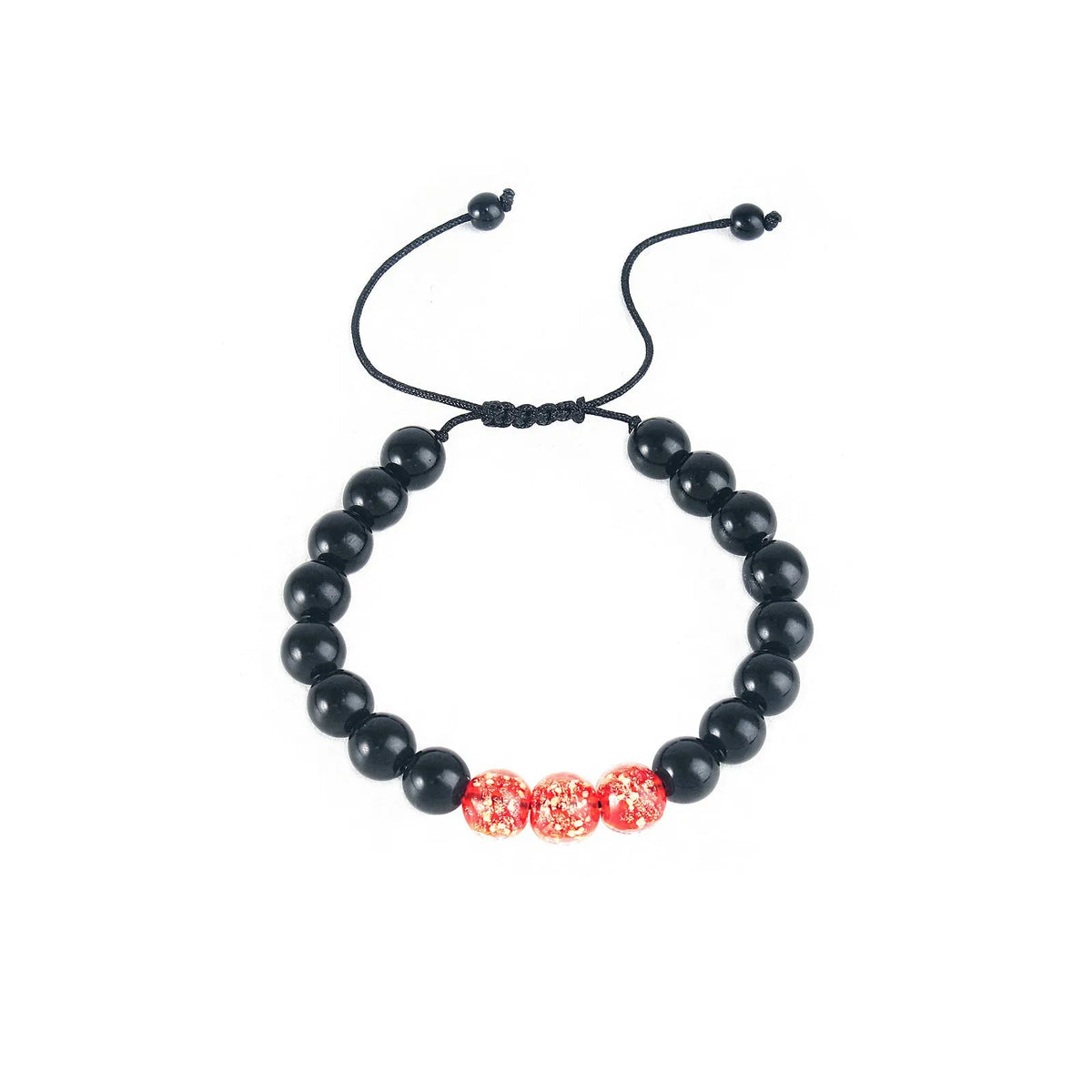 Adjustable luminous beaded bracelet with geometric glass beads on a stretchy elastic band in sapphire blue