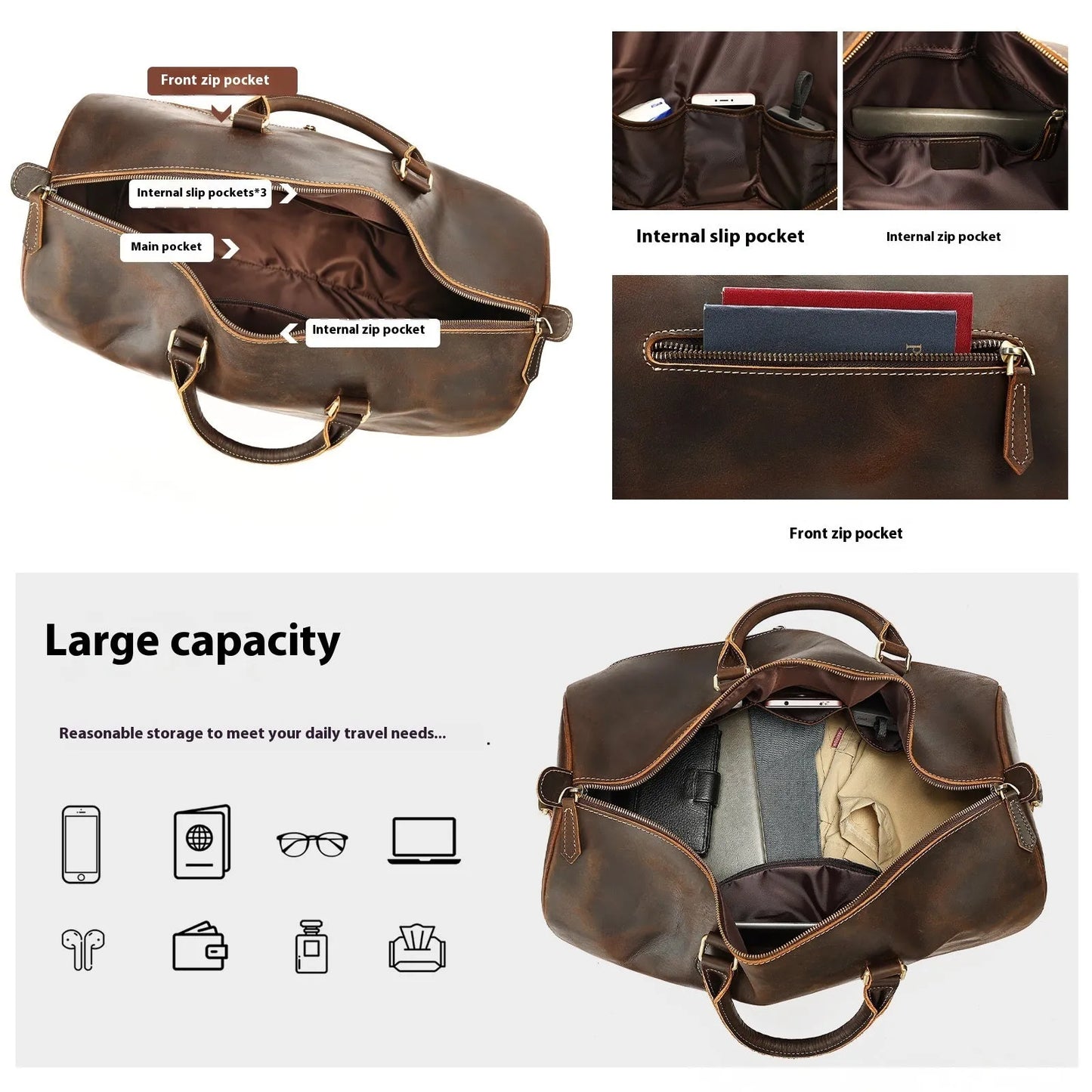Men's vintage-style genuine leather crossbody bag in black, shown with spacious main compartment.