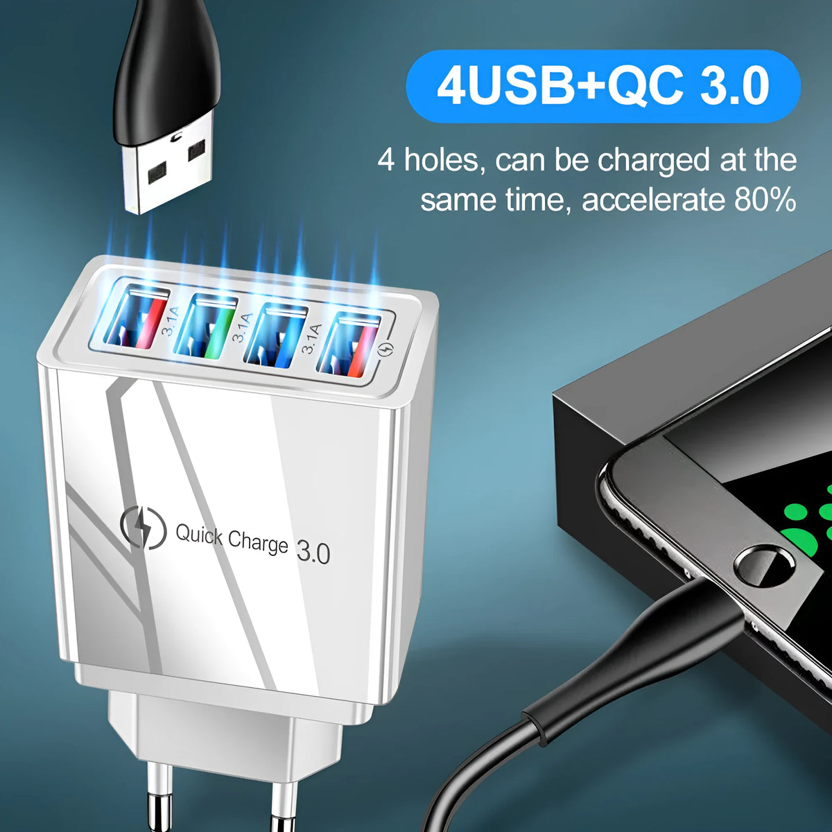 Four-port USB mobile phone charging head with luminous indicator in multiple colour options